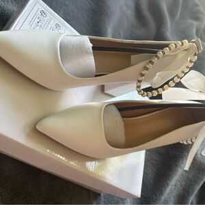 Elegant White Women's Heels with Pearl Ankle Strap